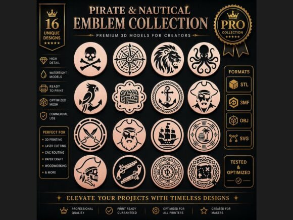 16 Pirate Nautical Emblems CNC 3D Pack for Graphics and Crafts