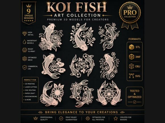 9 Koi Fish Floral Premium 3D CNC Pack Graphics and Crafts