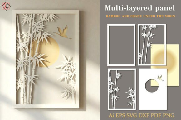 Bamboo Crane Moon 3D Paper Cut Art Graphics in Crafts
