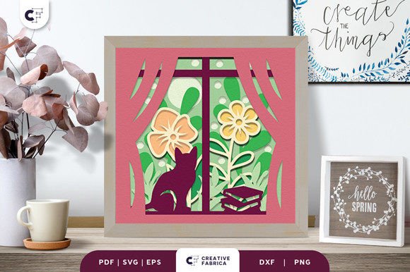 Cat in a Spring Window 3D Paper Cut SVG
