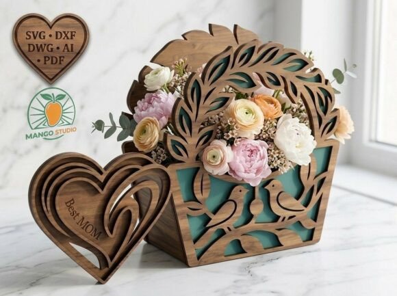 Laser Cutting Mother S Day Gift Basket with Birds 3D SVG DXF 3mm
