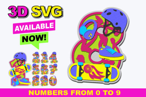 Skateboard Numbers 3D SVG for Graphics and Crafts